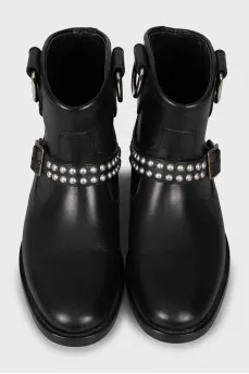Leather boots with metal rhinestones