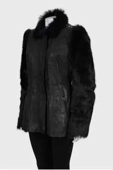 Leather jacket with fur sleeves