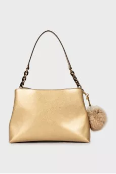 Gold tote bag with pompom