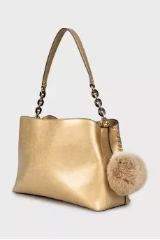 Gold tote bag with pompom