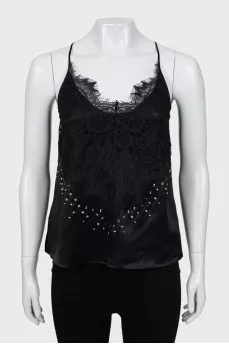 Silk tank top with lace and rhinestones