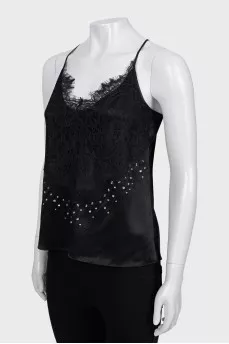 Silk tank top with lace and rhinestones