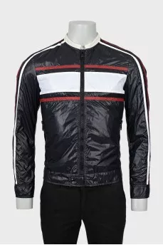 Men's windbreaker with leather collar and tag