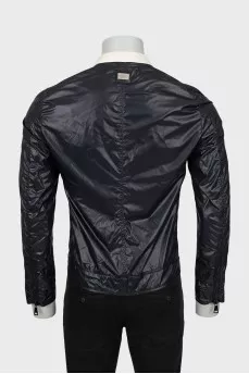 Men's windbreaker with leather collar and tag