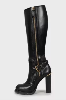 Black Leather Block Heel Boots