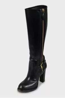 Black Leather Block Heel Boots