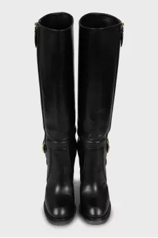 Black Leather Block Heel Boots