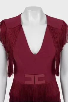 Burgundy jumpsuit with fringe