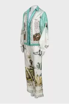 Silk suit with printed trousers