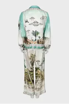 Silk suit with printed trousers
