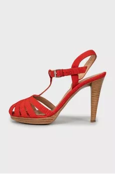 Textile sandals with wooden heels
