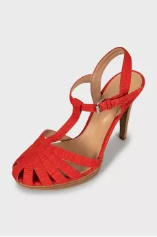Textile sandals with wooden heels