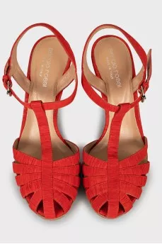 Textile sandals with wooden heels