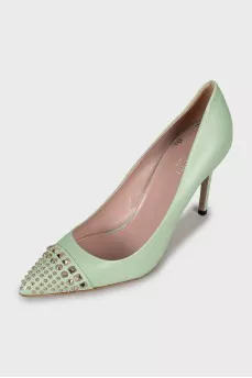Leather shoes with metal rhinestones