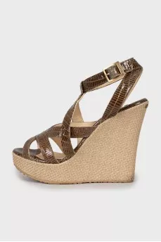 Leather sandals with woven wedge heel