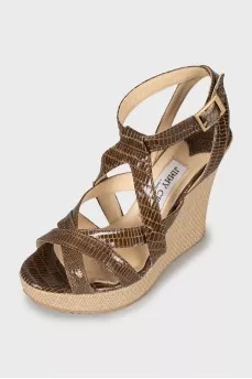 Leather sandals with woven wedge heel