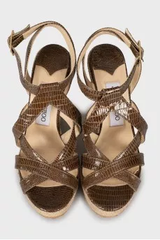 Leather sandals with woven wedge heel