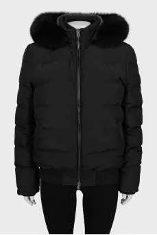 Black down jacket decorated with fur