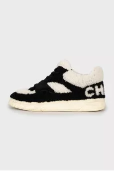 Black and white fur and leather sneakers