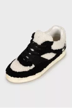 Black and white fur and leather sneakers