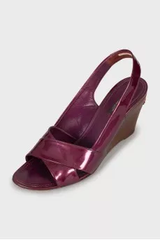 Purple sandals with wooden wedges