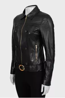 Slim fit leather jacket with logo