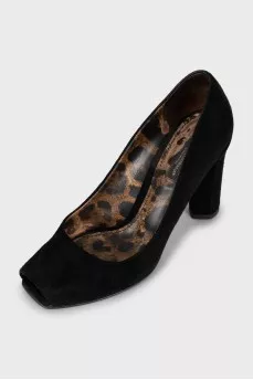 Black suede open toe pumps