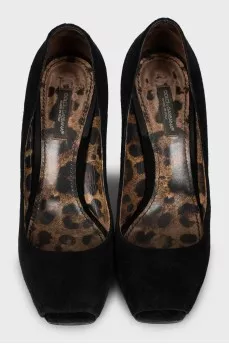 Black suede open toe pumps