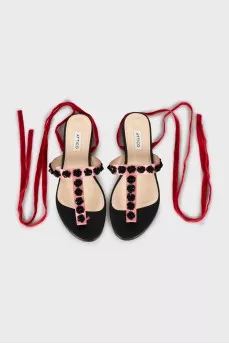 Leather sandals with velvet ties