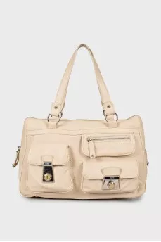 Leather tote bag with patch pockets