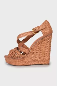 Woven leather wedge sandals