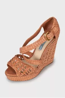 Woven leather wedge sandals