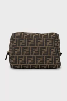 Textile cosmetic bag in a branded print