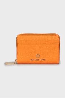 Orange leather wallet with tag
