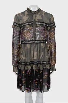A-line dress in a combined print