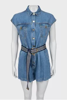 Denim overalls with belt and tag