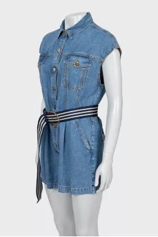 Denim overalls with belt and tag