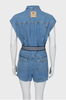 Denim overalls with belt and tag