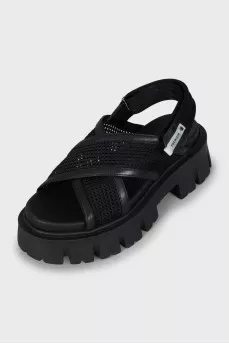 Leather sandals with mesh inserts
