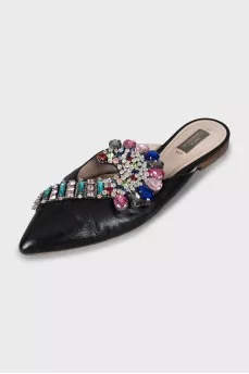 Leather mules decorated with rhinestones