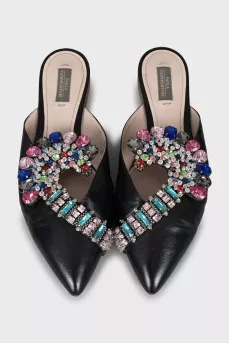 Leather mules decorated with rhinestones