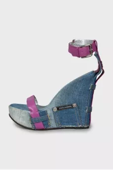 Textile sandals with leather straps