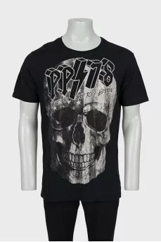 Men's T-shirt decorated with rhinestones and print