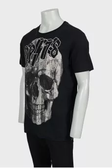 Men's T-shirt decorated with rhinestones and print