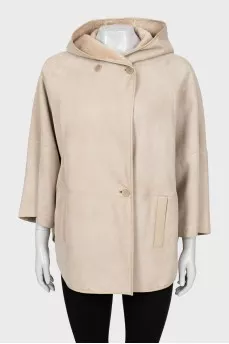Leather sheepskin coat with a hood