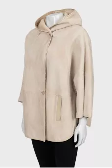 Leather sheepskin coat with a hood