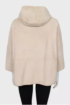 Leather sheepskin coat with a hood