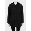 Black sheepskin coat with a hood