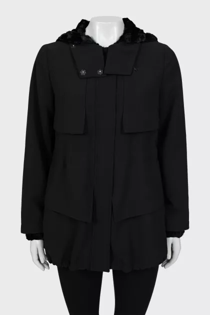 Black sheepskin coat with a hood