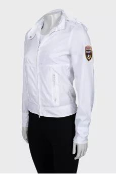 White windbreaker with a hood
